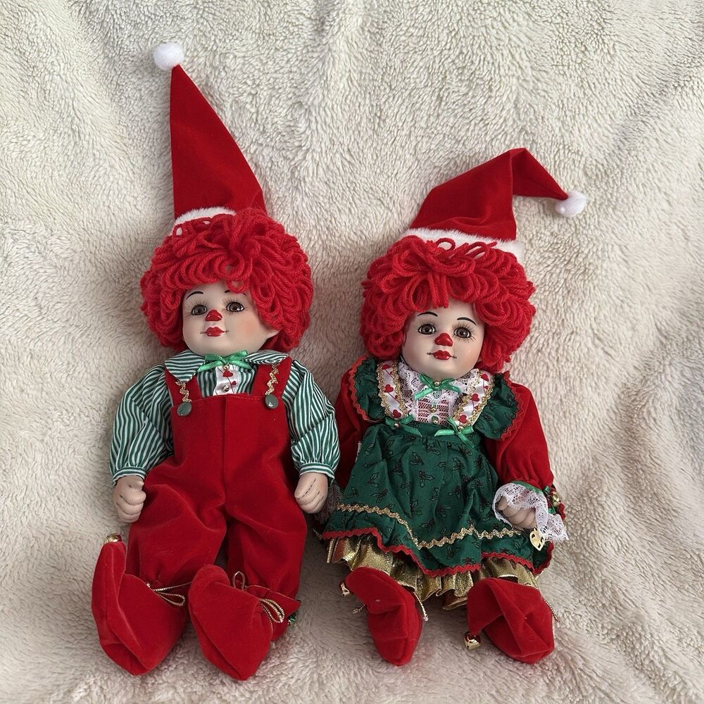 Marie Osmond Twins Jingle Belle Christmas Clown Dolls Pair Vintage Knickerbocker